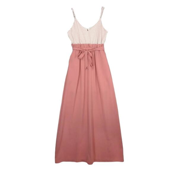 Main Strip Sz S Pink Striped High Waist Tie Belt Spaghetti Strap Maxi Dress Boho - Picture 1 of 6